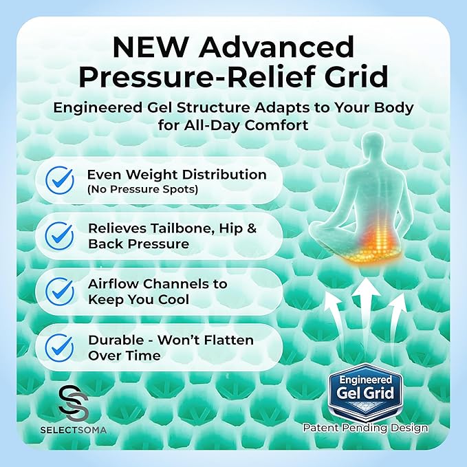 SelectSoma NEW Mint Green Gel Seat Cushion for Long Sitting, Patent-Pending Mold Design, Double-Thick Pressure Relief for Tailbone, Sciatica, Coccyx & Back Pain - Office Chair, Car, Wheelchair, Truck