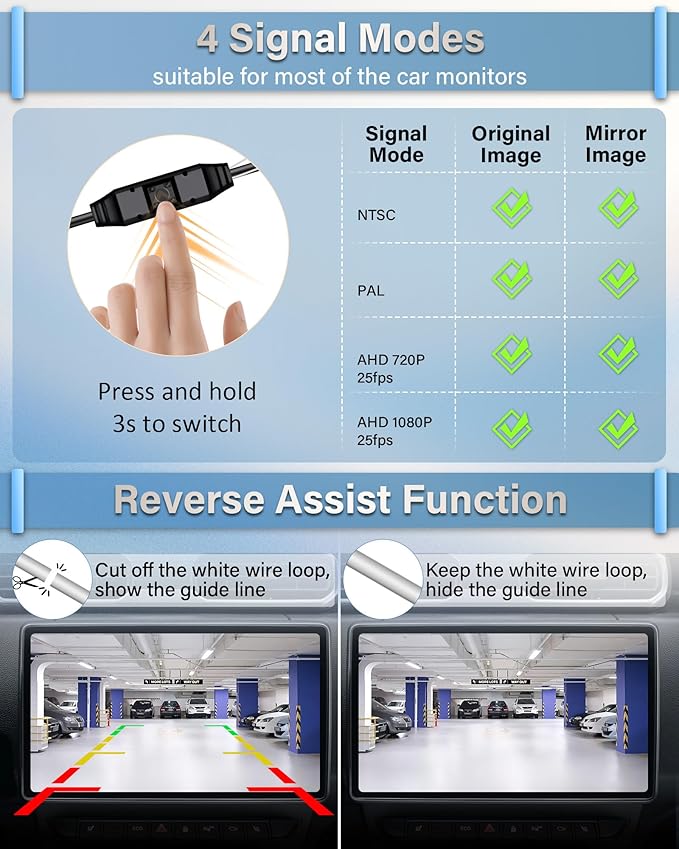 Backup Camera【 Switchable Button】 Support AHD 1080P/720P/CVBS/PAL, 170° Wide Angle, Super Clear Night Vision, IP69 Waterproof Reverse Camera, Front/Side/Rear View Camera for Cars/Trucks/SUVs/Vans