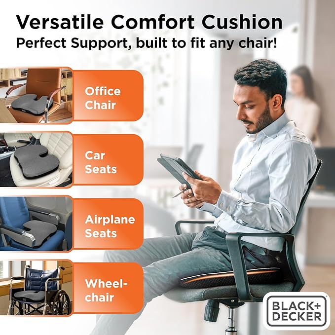 BLACK+DECKER Quilted Knit Memory Foam Seat Cushion U Seat Cushion for Office Chair, Car, Wheelchair & Airplane – Ergonomic, Pain Relief, Non-Slip Backing, Washable Cover, Black