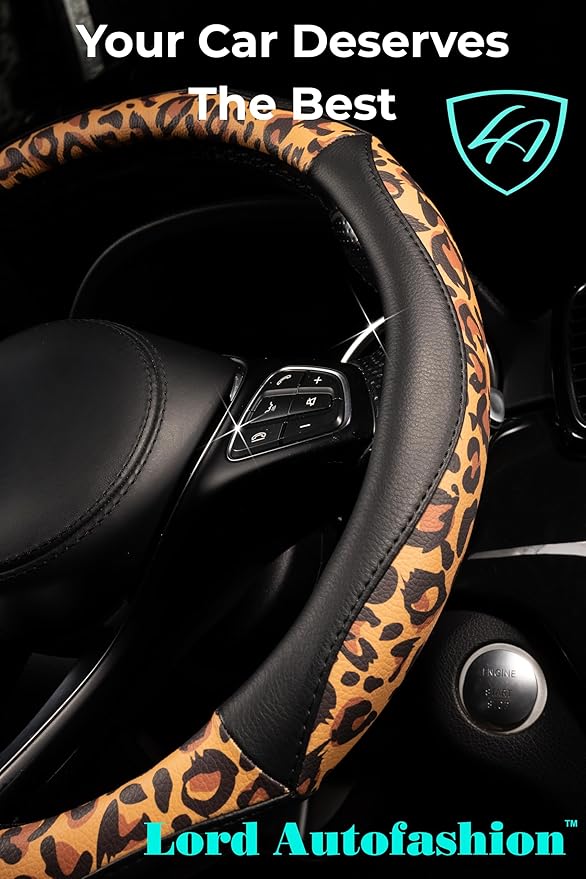 Lord Autofashion Steering Wheel Cover – PU Leather, Non-Slip Rubber Inner, All-Season Comfort – 14.5–15 Inch (Black/Leopard 8684)