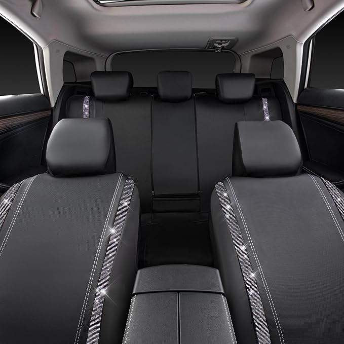 CAR PASS Bling Diamond Car Seat Covers Full Set,Shining Rhinestone Waterproof Faux Leather,Rear with Zipper,Universal Fit Automotive Glitter Crystal Sparkle Strips for Women,Violet Purple Rhinestone