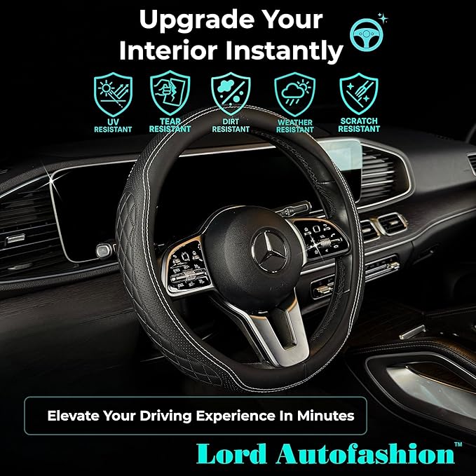Lord Autofashion Steering Wheel Cover – PU Leather, Non-Slip Rubber Inner, All-Season Comfort – 14.5–15 Inch (Black/White 9366)