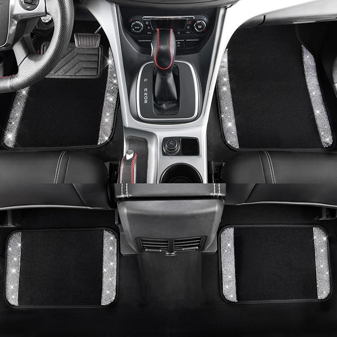 CAR PASS Bling Diamond Car Floor Mats, Shining Rhinestone Carpet Sparkly Glitter Crystal with Anti-Slip PVC Heel Pad Waterproof Universal Fit Automotive SUV,Sedan,Van,Cute Girl Women,4pcs Black Sliver