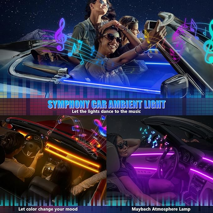 Acrylic Interior Car LED Strip Light with APP, RGB 6 in 1 with 175 inches 600 LEDs Fiber Optic Ambient Lighting Kits, 16 Million Colors Sound Active Function Car Neon LED Strip for Car