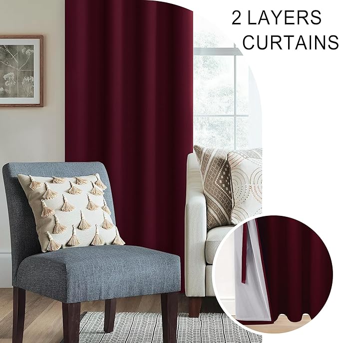 XWZO 100% Blackout Curtain Panels - Thermal Insulated Black Liner Curtains, Noise Reducing and Heat Blocking Drapes for Hall and Studio Windows with Tiebacks, Burgundy, W38 x L63, Set of 2