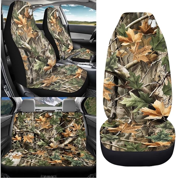 KEIAHUAN Car Seat Covers for Front and Rear Seat Full Set of 4 Pcs Hunting Camouflage Design Breathable Stretchable Front Saddle Blanket Rear Split Bench Protection Cover for SUV,Minivan,Trucks
