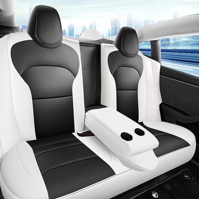 for Tesla Model 3 Seat Cover 2024 2025 Long Range (Not for Performance) Waterproof Nappa Leather Seat Cover Full Set for Tesla Model 3 (T3-Black+White 24-25)