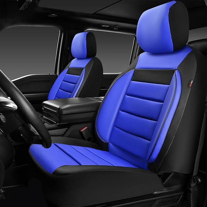 CAR PASS Leather Car Seat Covers Front Seats Only, Universal Fit Automotive Interior Waterproof 3D Foam Back Support Car Seat Covers for Trucks Vans and SUVs Airbag Compatible 2 Pieces Black Blue