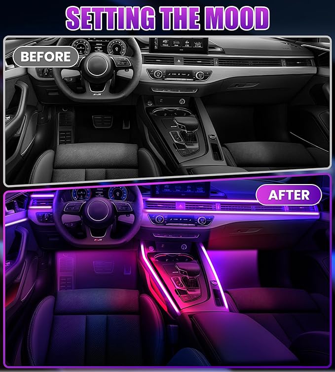 KENANEK 175inch Acrylic LED Lights for Car Kit – 6 Dreamcolor Interior Car LED Strip Lights, APP/Remote/Control Box, Music Sync, Dual USB Cigarette Lighter, Universal Fit for Car/SUV/Truck