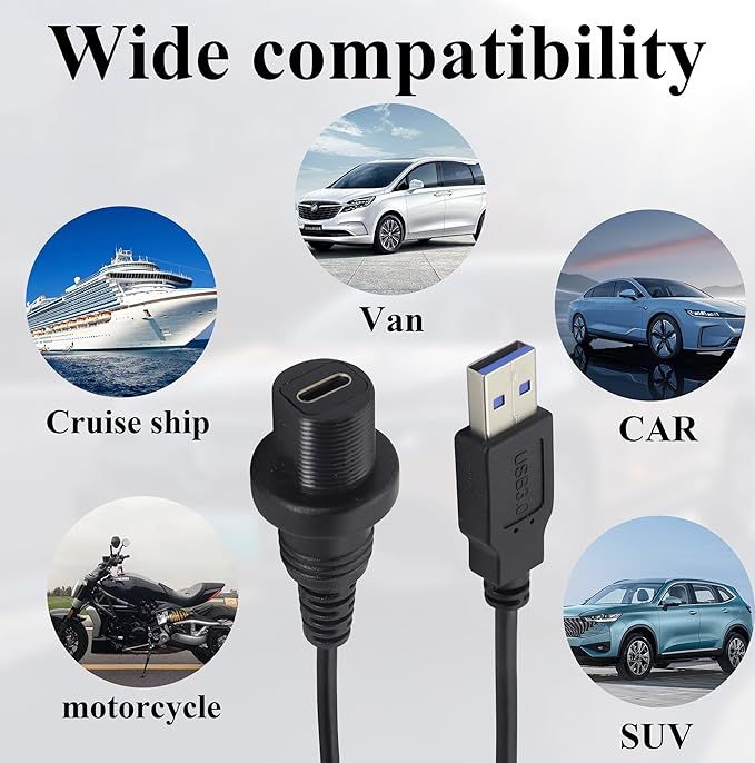 zdyCGTime Small Type C 3.0 Female to USB 3.0 A Male Car Flush Mount Cable USB A to USB Type C Waterproof Panel Mount Extension Cable, for Car Boat Truck Yacht Motorcycle.(30CM/1Ft)