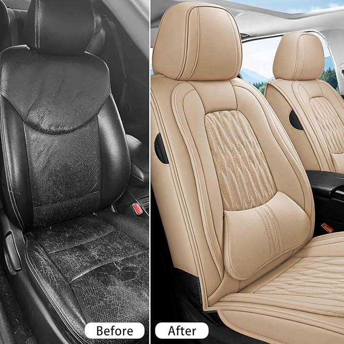 WELLDO Car Seat Covers Full Set, Leather Seat Covers for Car, Waterproof Car Seat Protector with Lumbar Support, Automotive Seat Covers Universal Fit for Most Cars SUV Truck,Beige