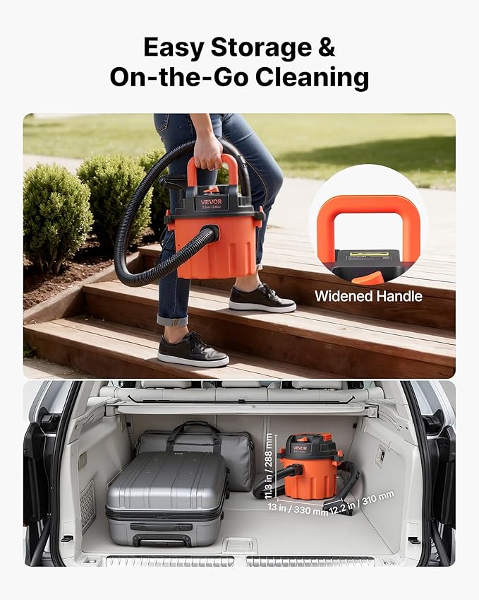 VEVOR Dry Vacuum Cleaner, 2.6 Gallon 2.5 Peak HP Portable Shop Vac with 800W Input Power, Various Nozzles, 1.25in Diameter x 4ft Hose, 9.2ft Cord for Home, Garage, Jobsite, Workshop, Black Orange