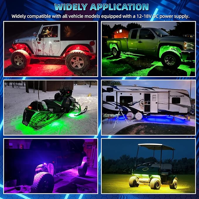 12 Pods RGB LED Rock Lights for Trucks Pickup Offroad Golf Cart SUV UTV, 6500K Super Bright, IP68 Waterproof, Segmented Color Change APP Control Underglow Kit with Power Swith Extension Wires, 12V