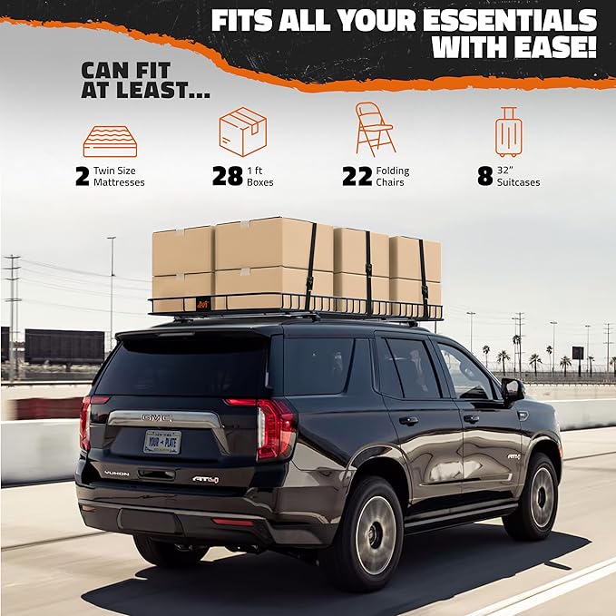 Mockins 90"x50"x6" XXL Heavy Duty Roof Rack Cargo Carrier for Top of Vehicle Storage | 250 Lbs. Cap Steel Car Roof Basket Set w/Straps | All-Weather Rooftop Cargo Carrier for SUV, RV & Large Vehicles