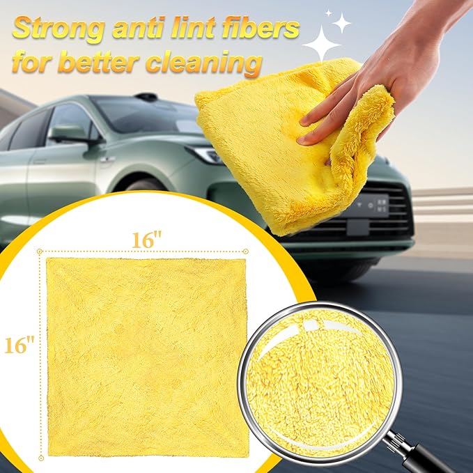 Car Wash Drying Towels, 450gsm Ultra-Thick Absorbent Lint-Free Extra Soft Microfiber Rags for Car Detailing, Interior & Exterior Cleaning Cloths, 16in x 16in - Coral Fleece, Yellow, 12 Packs