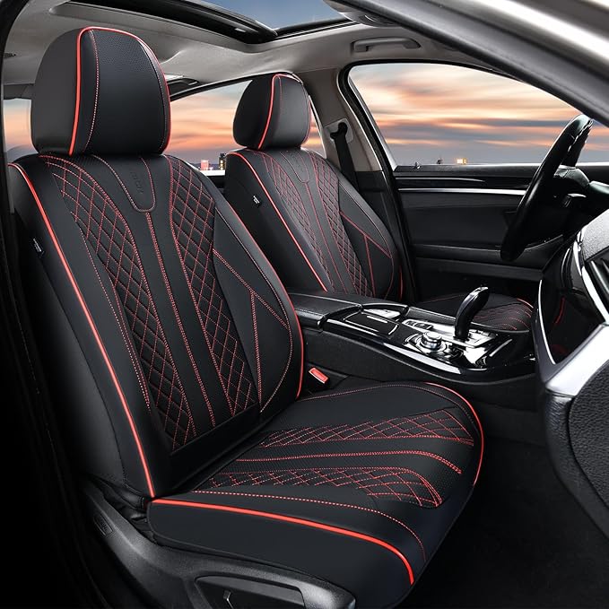 FLORICH Leather Seat Covers Car Seat Cover Front and Rear Seat Cover 5 Seats Automotive Seat Covers Waterproof Seat Covers for Cars Universal Fit for Most Cars SUV Trucks, Black&Red Line