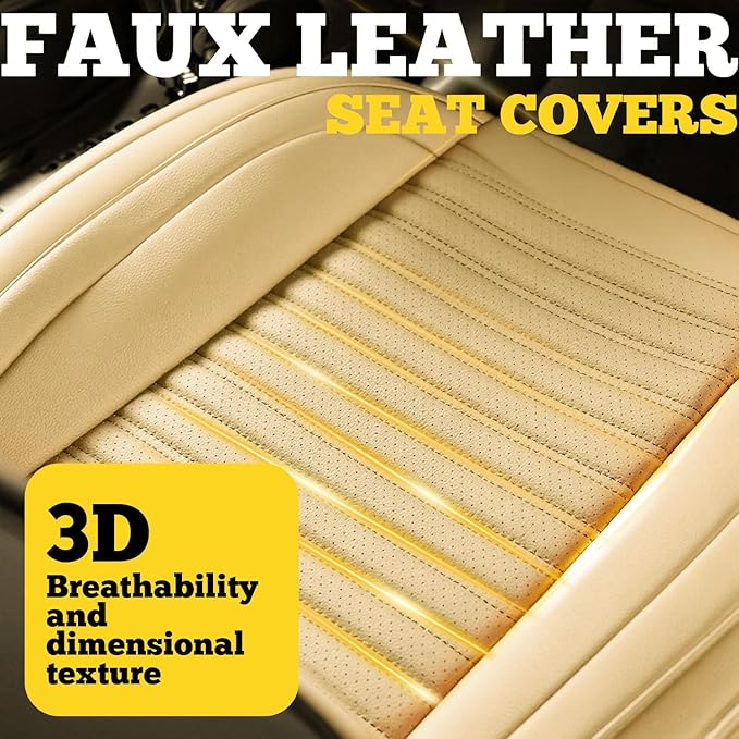 LINGVIDO Front Car Seat Covers, Faux Nappa Leather, Airbag Compatible and Waterproof Protectors for Sedans SUVs, Breathable Anti-Slip Interior for Commuters and Rideshare, Beige