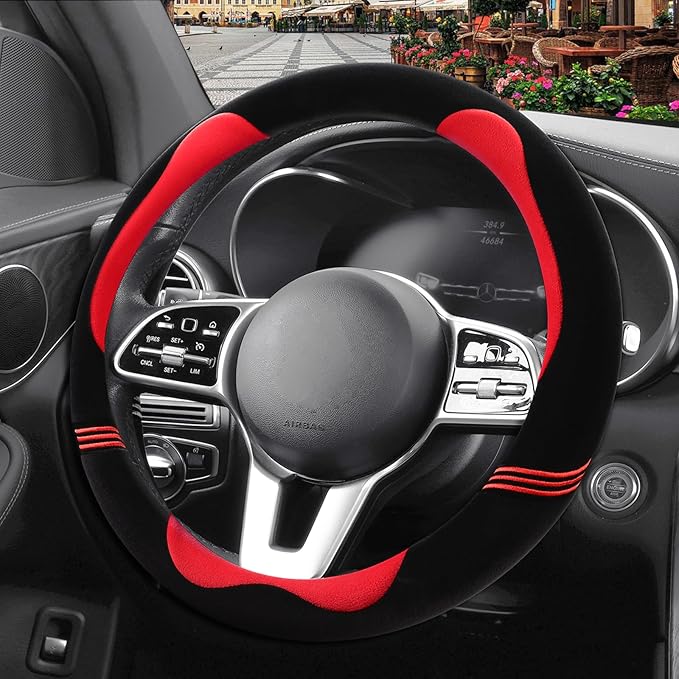 Furry Cute Steering Wheel Cover, Soft Fluffy Short Plush Auto Accessories, Non-Slip Cold-Proof Sweat-Proof Colorfast, Universal 15 inch(Black with Red)