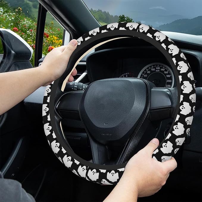Halloween Ghosts Steering Wheel Cover, Elastic Non-Slip Steering Wheel Protector,Auto Interior Decor for Women Girls,Universal 15" Fit for Sedans,Trucks