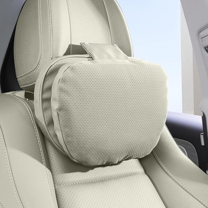 Car Headrest Pillow for Driving, Dual-Sided Leather Design Neck Pillow, Breathable Softness Neck Support, Universal Fit Head Rest Travel Pillow, Off White (Beige), 1 Pack