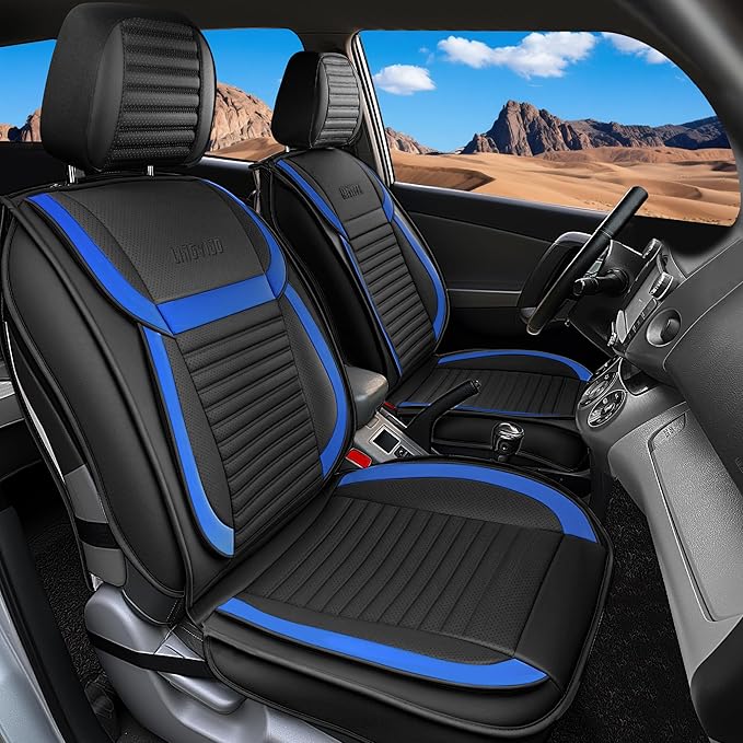 LINGVIDO Front Car Seat Covers, Faux Nappa Leather, Airbag Compatible and Waterproof Protectors for Sedans SUVs, Breathable Anti-Slip Interior for Commuters and Rideshare, Black/Blue