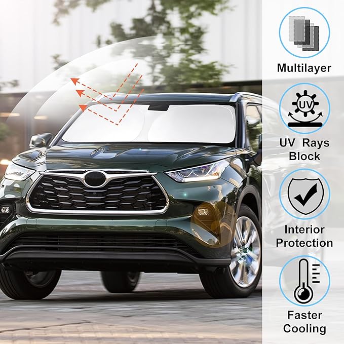 Windshield Sun Shade Front Sunshade Foldable Sun Visor Protector Custom Fit 2020-2024 2025 2026 Toyota Highlander Accessories Keep Your Car Cooler