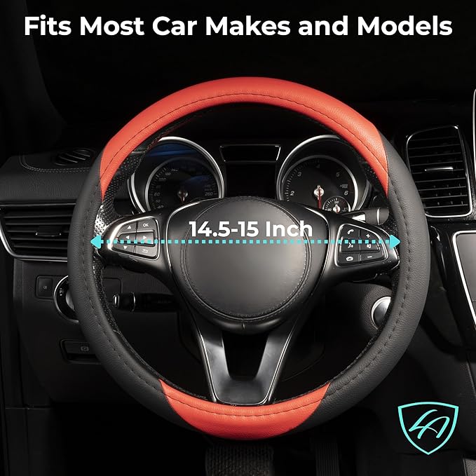 Lord Autofashion Steering Wheel Cover – PU Leather, Non-Slip Rubber Inner, All-Season Comfort – 14.5–15 Inch (Black/Red 7414)