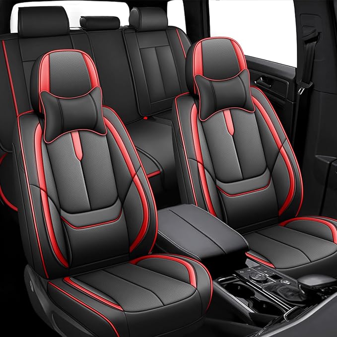 Fit for 98% of Mercedes Benz Car Seat Covers with Headrests, Premium Nappa Leather Seat Cover, Fully Wrapped Protect Modern Style Seat Cover (5-Seat Luxury, Black & Red)