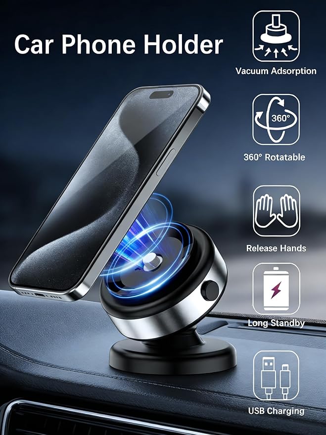 Hands-Free Vacuum Suction Cup Phone Mount, Auto-Seal & One-Touch Release Magnetic Phone Holder, 360 Adjustable for Car, Screen, Glass & Smooth Surfaces, for iPhone 12-17