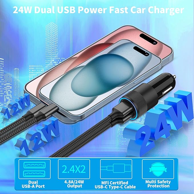 [Apple MFi Certified] iPhone 17 Car Charger Fast Charging, Braveridge 2Pack 4.8A USB Power Cigarette Lighter USB-C Car Charger + Type-C Braided Cord for iPhone 17/17 Pro Max/16/15/Galaxy/S26/S25/Pixel