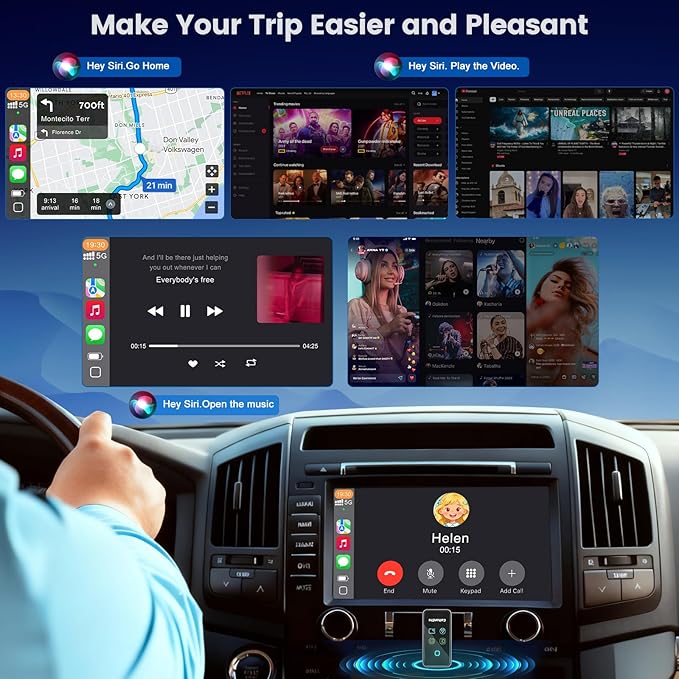 4-in-1 Screen Mirroring Adapter for Car – Mirror Phone to Car Screen (iPhone & Android), Wireless CarPlay Adapter with AirPlay & Mirror Link, Stream Videos, Plug & Play, Stable Connection
