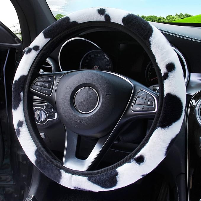 ALEMODR Cow Print Plush Steering Wheel Cover Fluffy Winter Warm Universal 15 inch for Women Girls