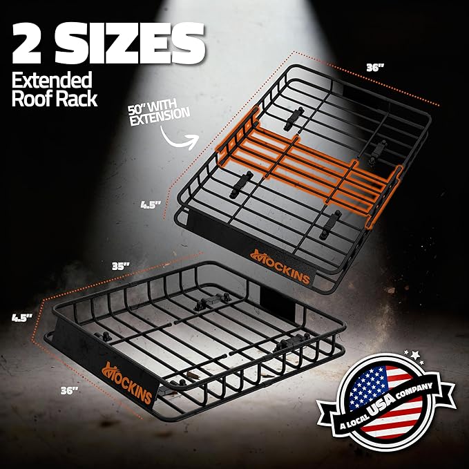 Mockins 50"x36"x4.5" Extendable Rooftop Cargo Carrier & 18 CuFt Orange Waterproof Roof Cargo Bag | 250 Lbs. Capacity Weatherproof SUV & Car Roof Rack Basket with Car Top Carrier Bag & Accessories