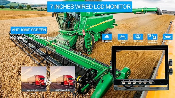 AHD 1080P, 7" Wired Monitor Rear View Reverse Backup Night Vision Camera System, Waterproof IP 69k Camera for Agriculture Farm Tractor, Truck, Forklift, Heavy Equipment, Excavator, Skid Steer