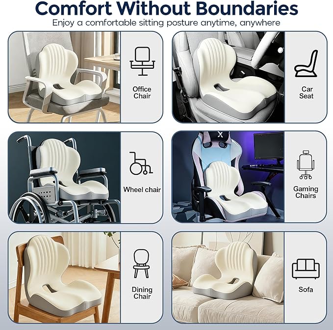 Seat Cushion for Office Chair Car, L-Shaped Ergonomic Seat Cushions,Memory Foam Orthopedic Cushion with Coccyx Hollow,Lumbar Support & Tailbone Pain Relief for Car, Truck, Gaming Chair,Beige & Gray