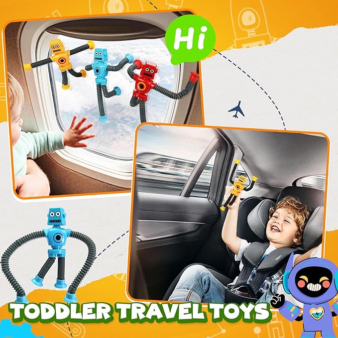 Robot Sensory Travel Roadtrip Toys 4Pcs for Toddlers Kid Boy Year Old Ages 3 4 5 6 7 8 9,Airplane Activities Suction Autism Pop Tube Fidget Toys Autistic Stocking Easter Basket Stuffer Valentine Gift