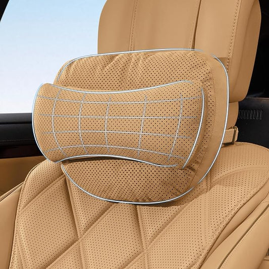 Car Neck Pillow, Soft Breathable Leather Car Neck Pillow Comfortable Head Neck Rest Support Cervical Pillow with Adjustable Strap, Universal Fit Cars SUVs Sedan Home Office (Light Brown)