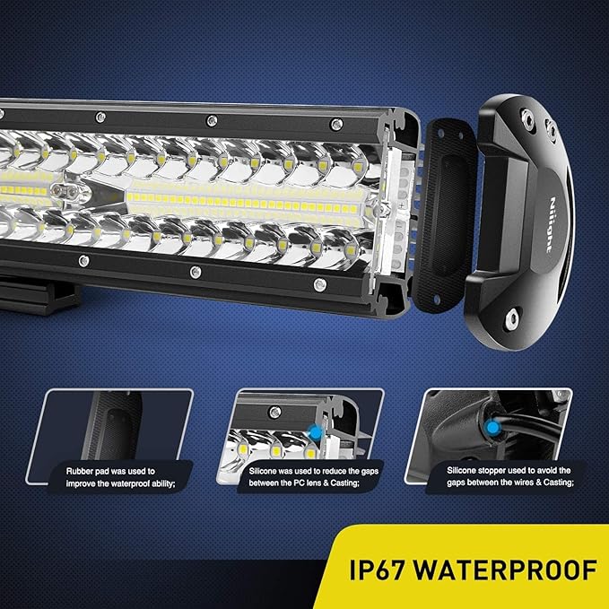 Nilight 12Inch 300W Triple Row Flood Spot Combo 30000LM Driving Boat Led Off Road Lights 16AWG Wiring Harness Kit-One Lead for Truck,2 Years Warranty