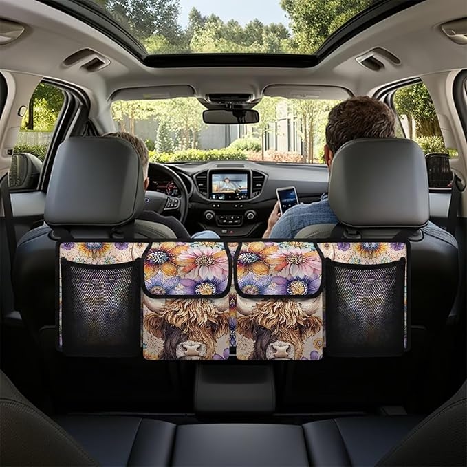Floral Highland Cow Car Trunk Organizer Sturdy Trunk Hanging Storage Bag with 4 Compartments Backseat Car Organizer for SUV,Truck,Van