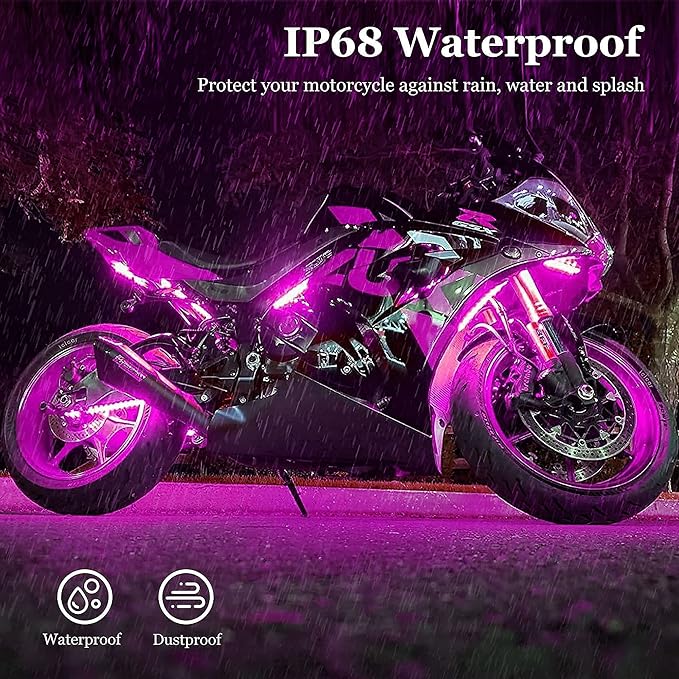 Motorcycle LED Underglow Kit, icicar 8 Pcs APP/RF Control Multicolor Motorcycle LED Light Kit with Brake Turn Signal, IP68 Waterproof & Music Sync Ambient Light for Motorcycles