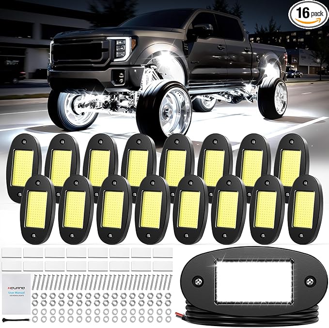 Hovano 16 Pods COB White Rock Lights, 120 COB Chips 6500K Pure White Super Bright Neon Underglow, IP68 Waterproof Shockproof Off-Road Light Kit for Pickup Trucks, SUV, UTV, ATV, RZR, Cars Boats