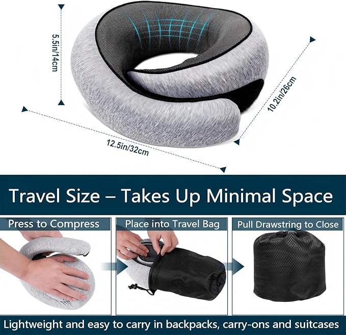 Travel Neck Pillow for Airplanes, Memory Foam with Chin Support, Ergonomic 360 Degree Cervical Support for Plane/Car/Train/Office (Light Grey)