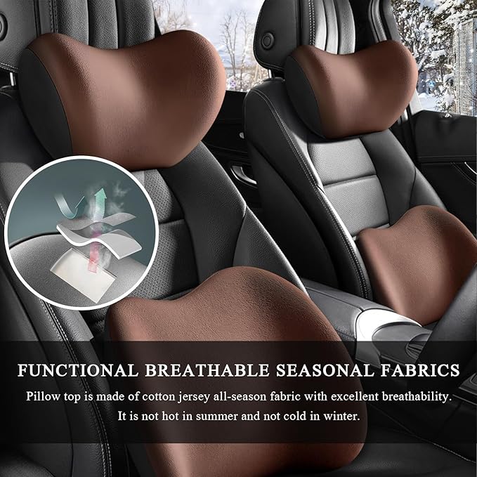 Car Headrest & Lumbar Support Cushion, Ergonomic Memory Foam Car Neck Back Support w/Removable Cover, Universal Breathable Lumbar Cushion Headrest Pillow with Adjusatble Strap (Coffee)