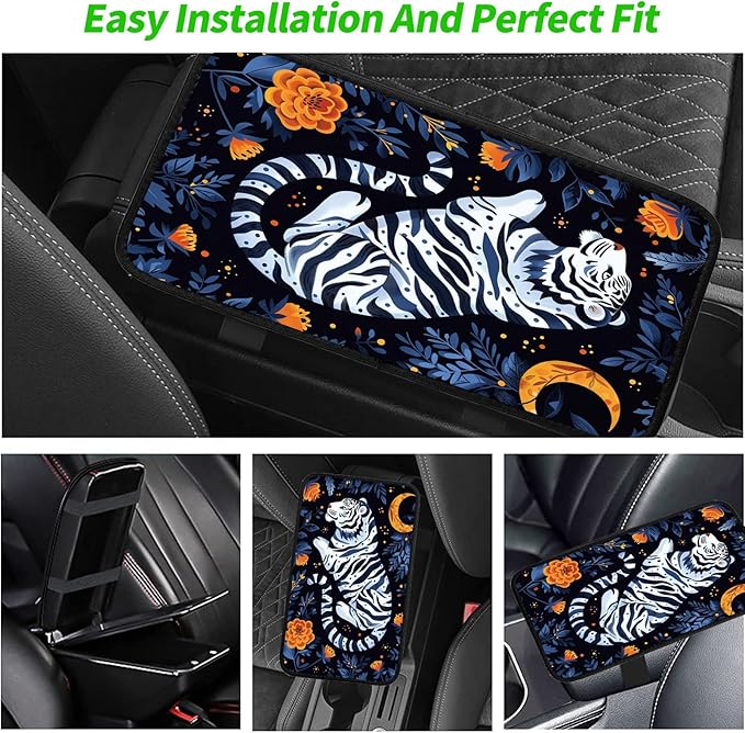 Car Armrest Cover Pads Universal Fashion Cute Auto Center Console Armrest Cover Pad with 2PCS Car Coasters Soft Waterproof Car Armrest Seat Protector for Women, Tiger Moon