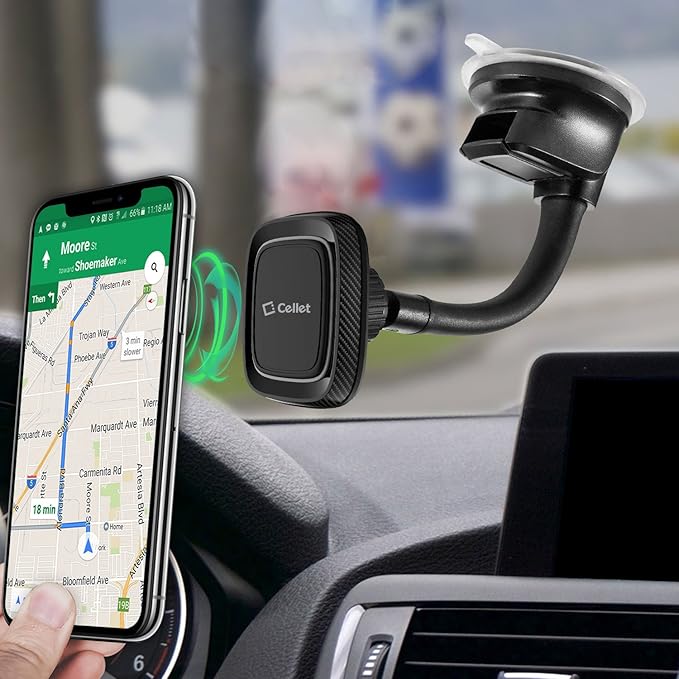 Cellet Car Phone Mount Holder Universal Phone Car Dashboard & Windshield Magnetic Phone Mount Holder with Goose-Neck Compatible with Smartphones iPhones Samsung Galaxy LG Motorola Moto Google Pixel