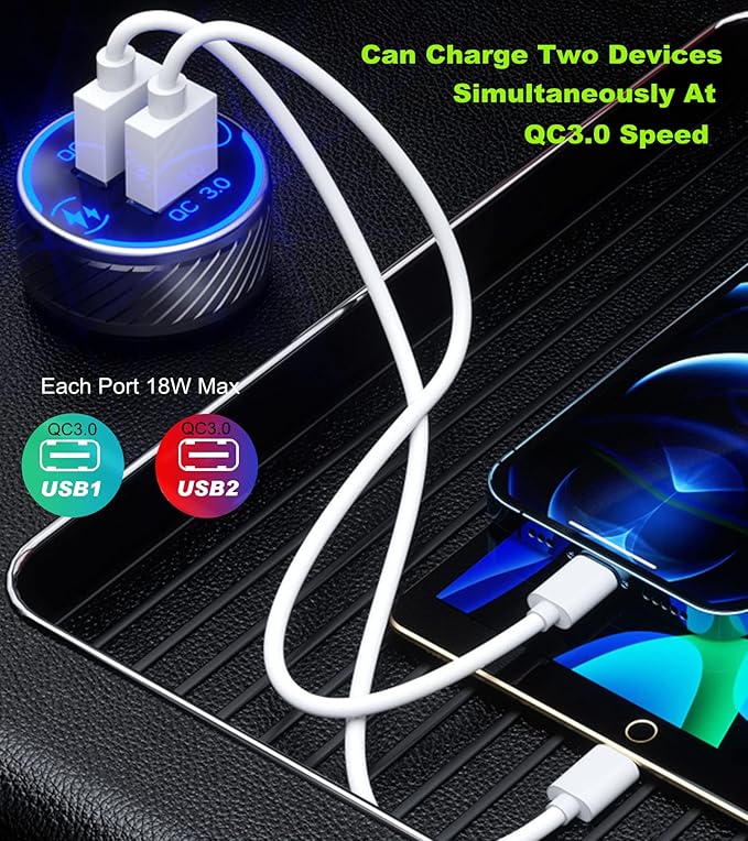 BRCOVAN Car Charger, Dual QC3.0 Port USB Car Phone Charger Adapter, 36W 3A Fast Charge with Touch Switch & Blue LED