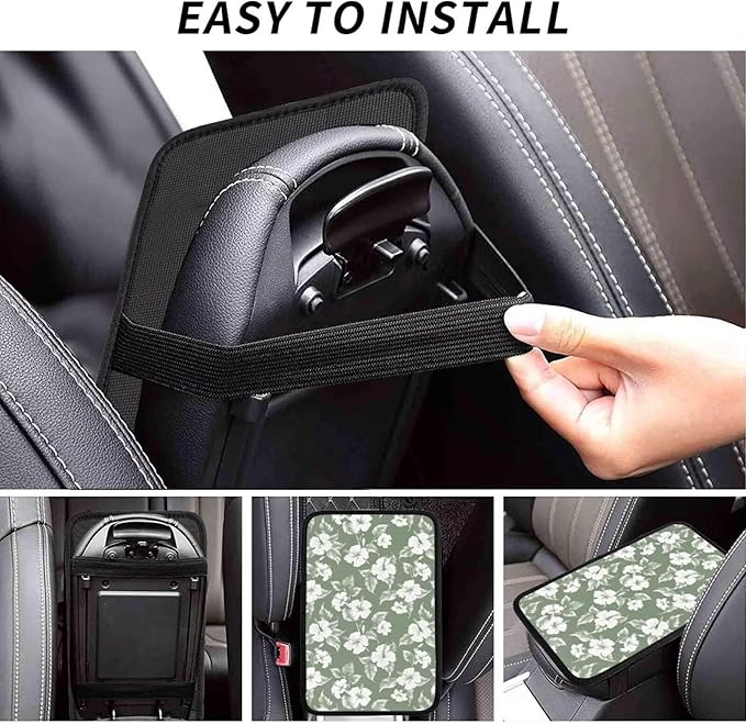 Hibiscus Flower Print Center Console Cover Tropical Floral Comfortable Armrest Pad Protector Car Accessories, Green Scratch Resistant Middle Arm Rest Console Covers