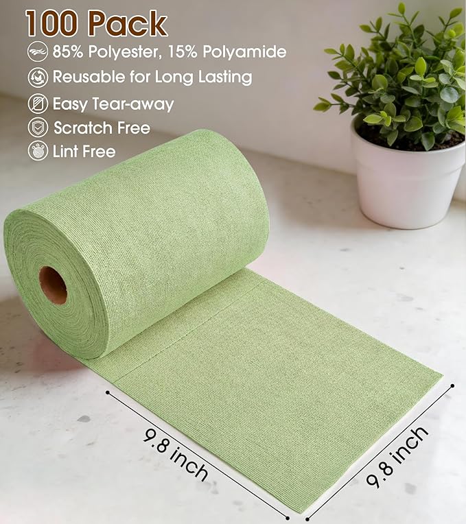 KitchLife Microfiber Cleaning Cloth Roll, 100 Pack - Tear-Away Microfiber Paper Towels, Lint-Free, Reusable, Washable for Kitchen, Car, Dishes, and Sensitive Surfaces (Bean Green)