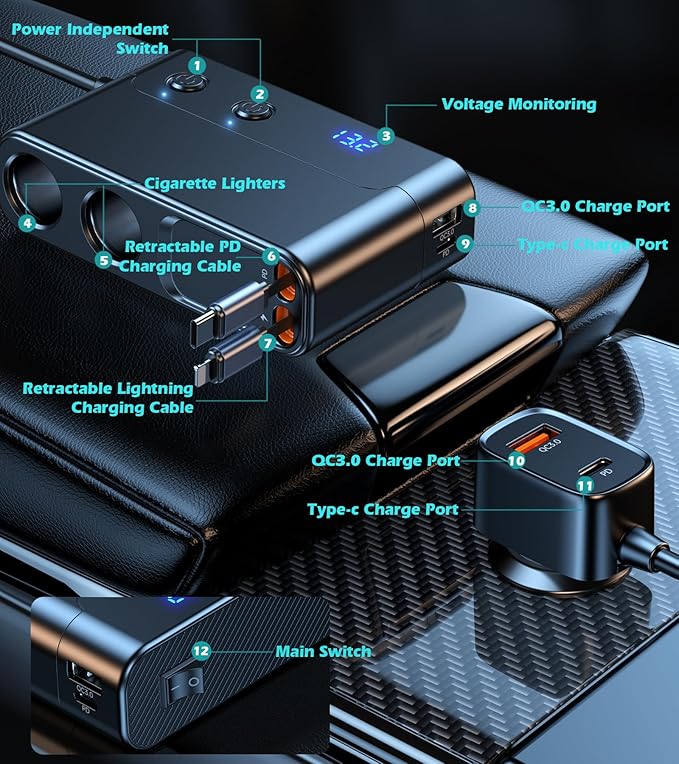 8 in 1 Retractable Cigarette Lighter Splitter, 191W Car Charger Adapter with 2 Sockets,12V Car Outlet with PD30W QC3.0 USB Charging Ports, LED Voltage Display TSNAM