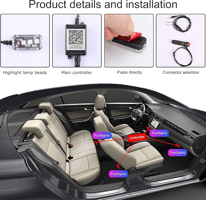 Car Footwell Atmosphere Light Kit RGB Multicolor Sound Active Music Sync Memory Function Bluetooth APP Control 64 Colors USB Car Interior Ambient Lighting Kit DC 12V